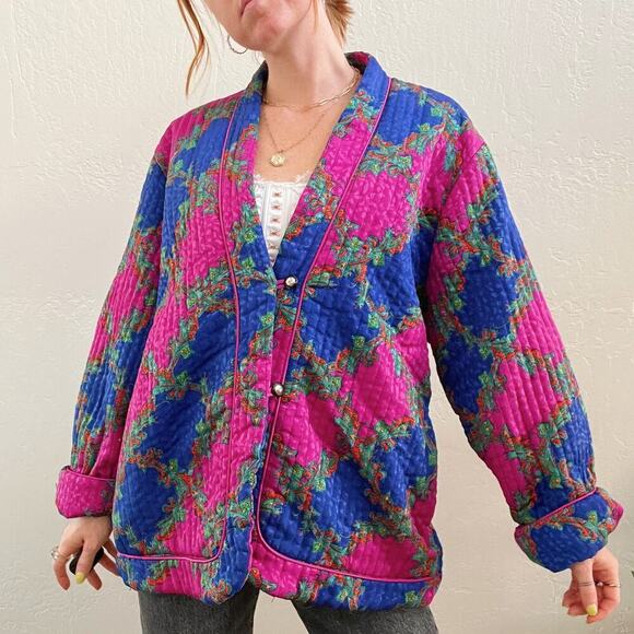 Blue Blush Jackets & Blazers - Vintage Style Quilted Blue Pink Paisley Button Up Jacket